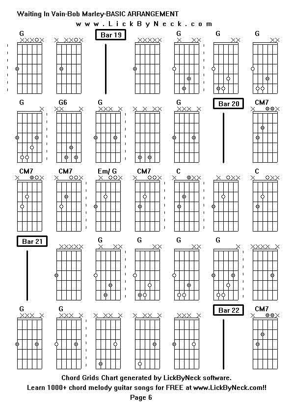 Chord Grids Chart of chord melody fingerstyle guitar song-Waiting In Vain-Bob Marley-BASIC ARRANGEMENT,generated by LickByNeck software.